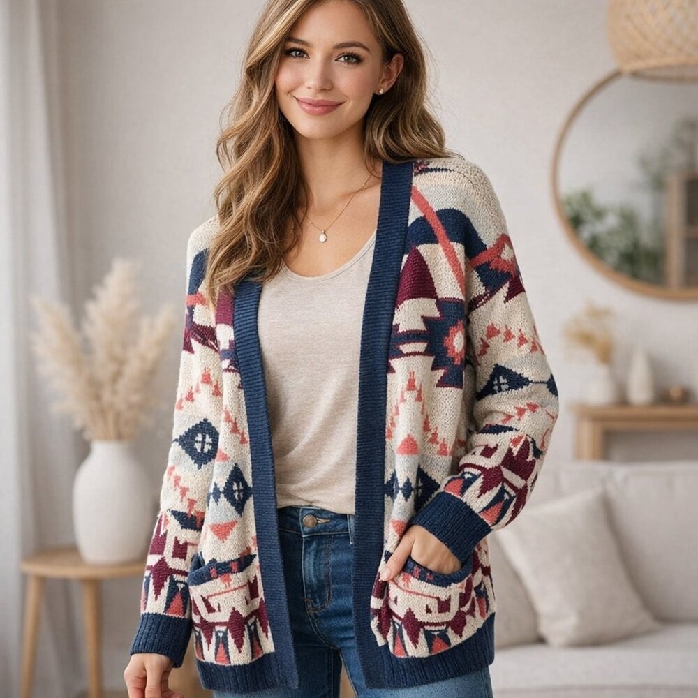 Divided size XS Southwestern Tribal Bohemian Open front Cardigan, 100% Cotton
